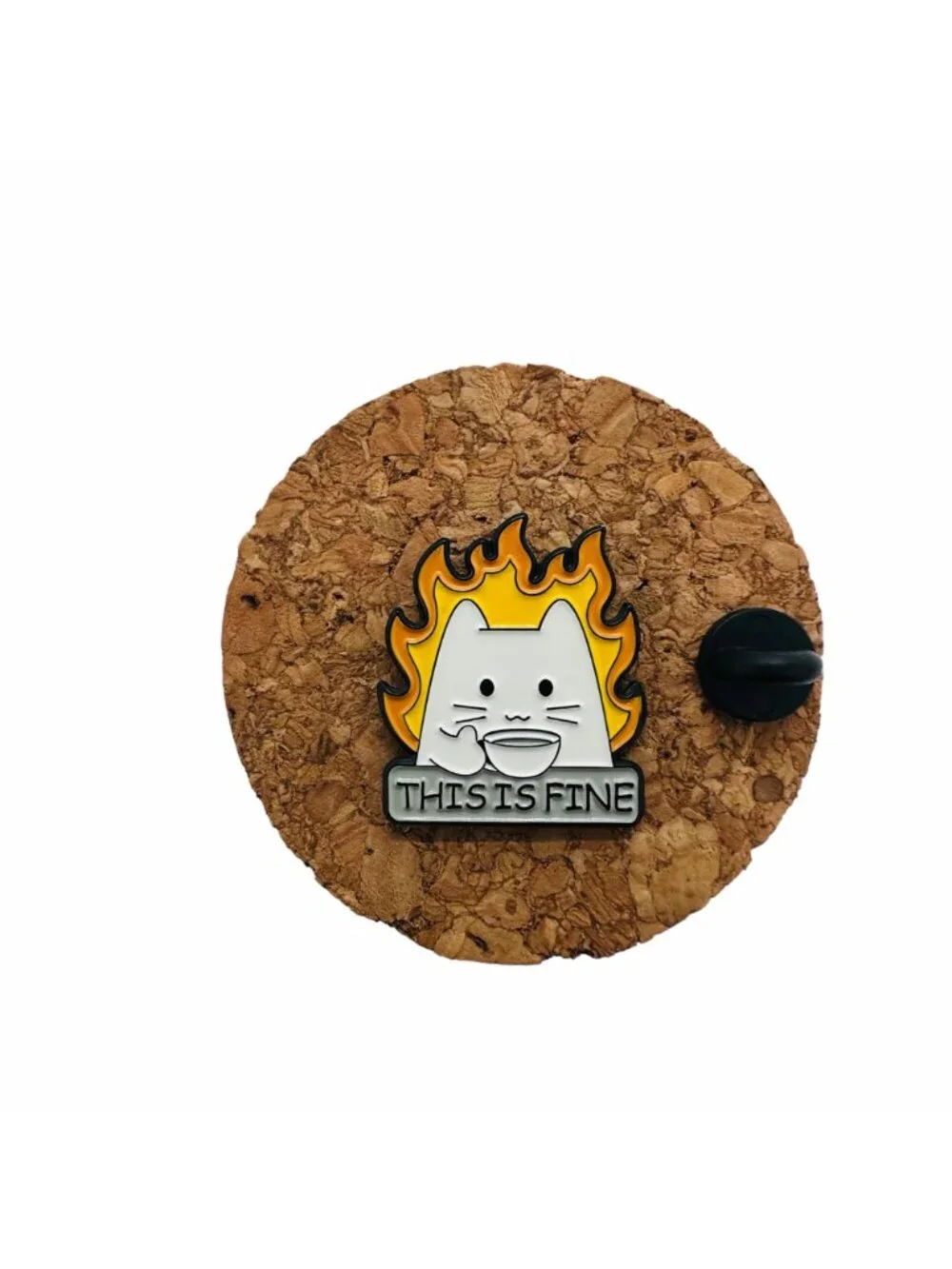 ✨This Is Fine Cat On Fire Sipping Tea Enamel Pin Animal Broch White Cat Cartoon✨